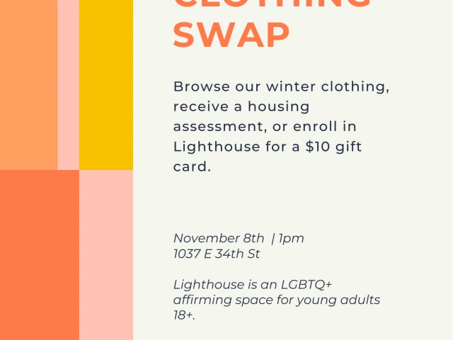 tan background with orange and pink shapes. Text in black and orange: "lighthouse project clothing swap. 1037 e 34th st. November 8th at 1pm