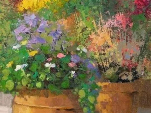 Gouache painting of flowers in pots